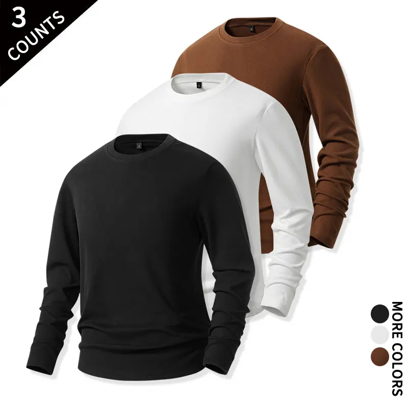 Comfortable Men Fleece Thermal Long Sleeve Shirts 3‑Pack Stretchy Crew Neck Base Layer For Daily Office Jogging Outdoor Casual Wear