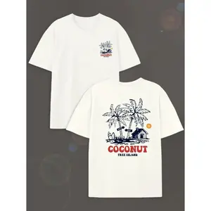 100% cotton coconut tree pattern T-shirt, unisex street style short-sleeve round neck shirt, summer vacation beach casual wear