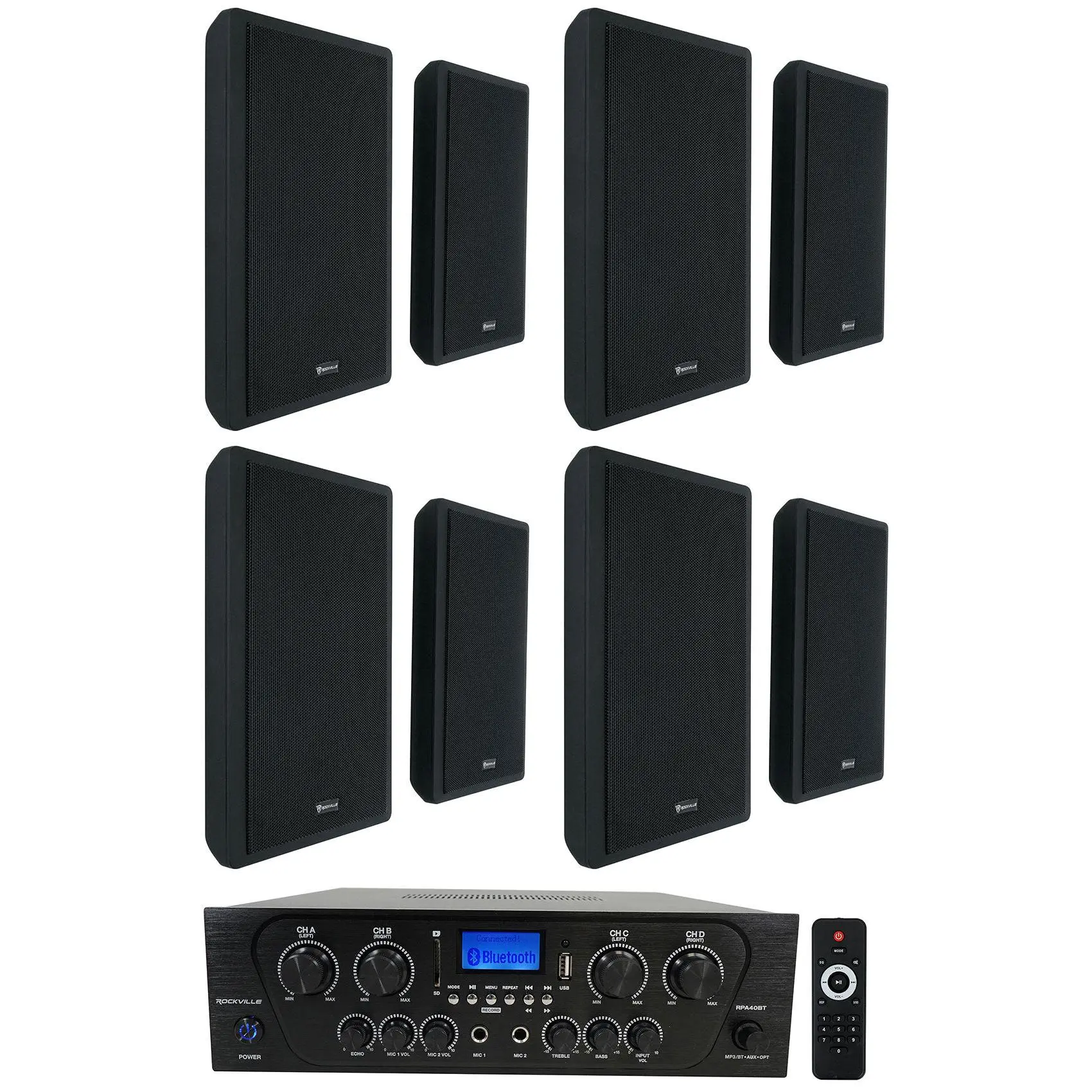 RPA40BT Audio Speaker Bundle with RockSlim Black 8-Pack Amplifier, Stereo Receiver