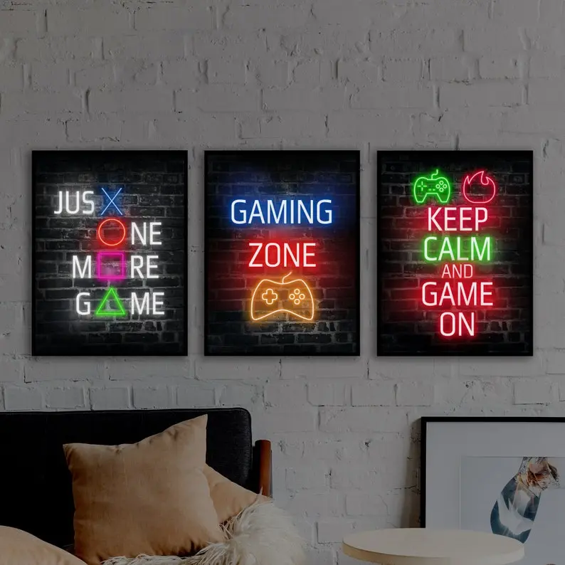Set of 3 Neon Gaming Wall Poster, Wall Art, Game Room Decor, Boys Teen Room, Gamer Gift, Video Game Posters
