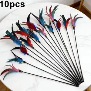 Cat feather wand toy with realistic bionic feathers and bells, suitable for indoor cats of all breeds and sizes, ideal for active play.