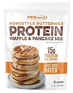 PEScience Protein Pancake & Waffle Mix, Homestyle Buttermilk, 15g High Protein Snacks, Whey and Casein Blend, 12 Servings, Just Add Water