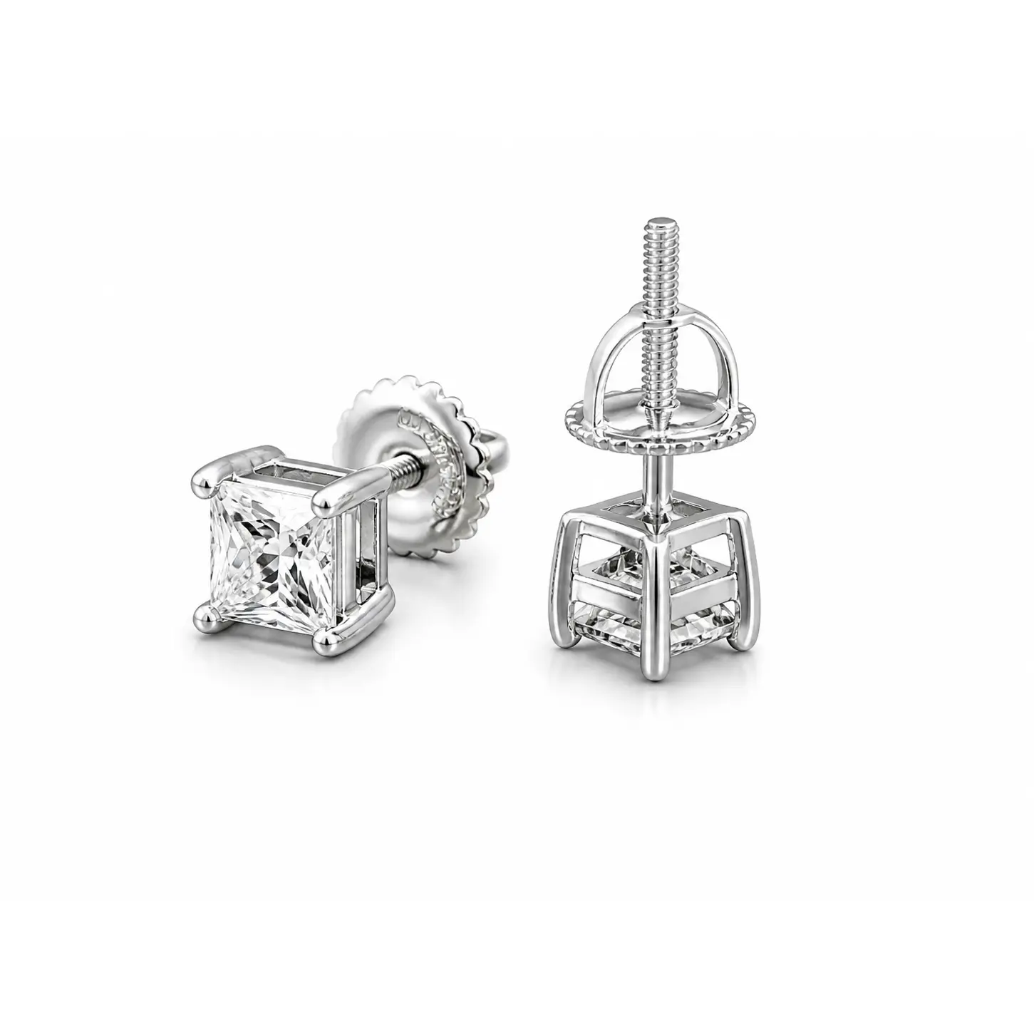MOISSANITE Diamond VVS D Color Princess Cut Square Solitaire Stud Earrings - Real Silver 925/ 14k Gold Plated - 4MM-5MM | PASS DIAMOND TESTER!! Classic Women's