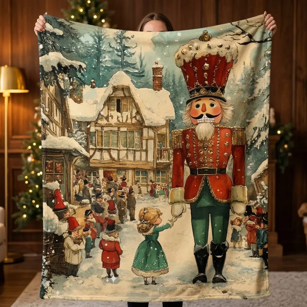 Vintage Nutcracker Flannel Throw Blanket, Christmas Storybook Clara & Soldier Print Soft Plush Fleece Blanket for Holiday Living Room Couch & Sofa Decor