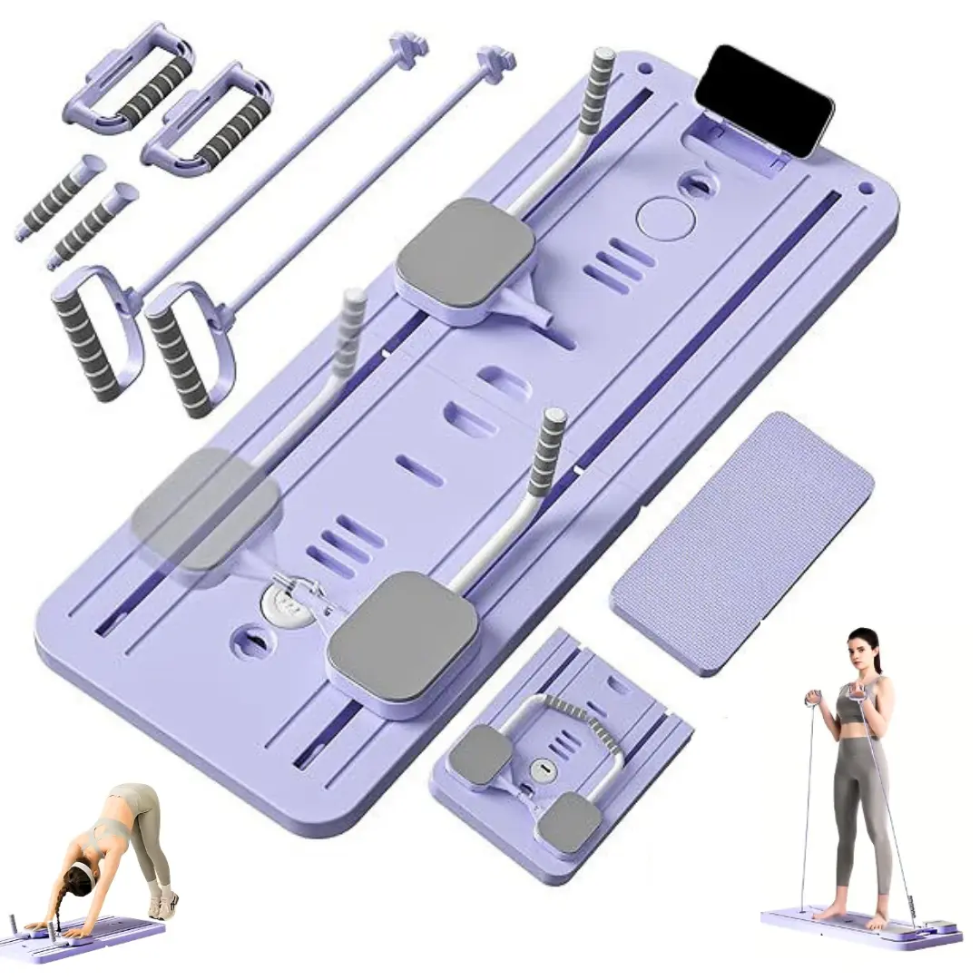 6 In 1 Pilates Board Full Body Exercise Kit ,  Foldable Home Pilates Reformer with Knee Mat ,Timer, Power Rods , Push up Gris and Resistance Bands,Abs Workout Equipment for Abdominal & Core Strength Training With 300LBS Capacity