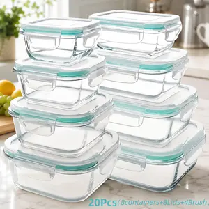 20Pcs Food Storage Glass Containers with Lids and Brushes, Microwave Safe, Sealable for Fruits, Vegetables, Salads, Sandwiches, and Snacks