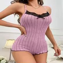 Women's Suspenders Lace Trim And Bow Design Pajamas Sleeveless V-Neck Pajamas Set Sleepwear Suit Sexy Solid Home Clothes Summer Womenswear