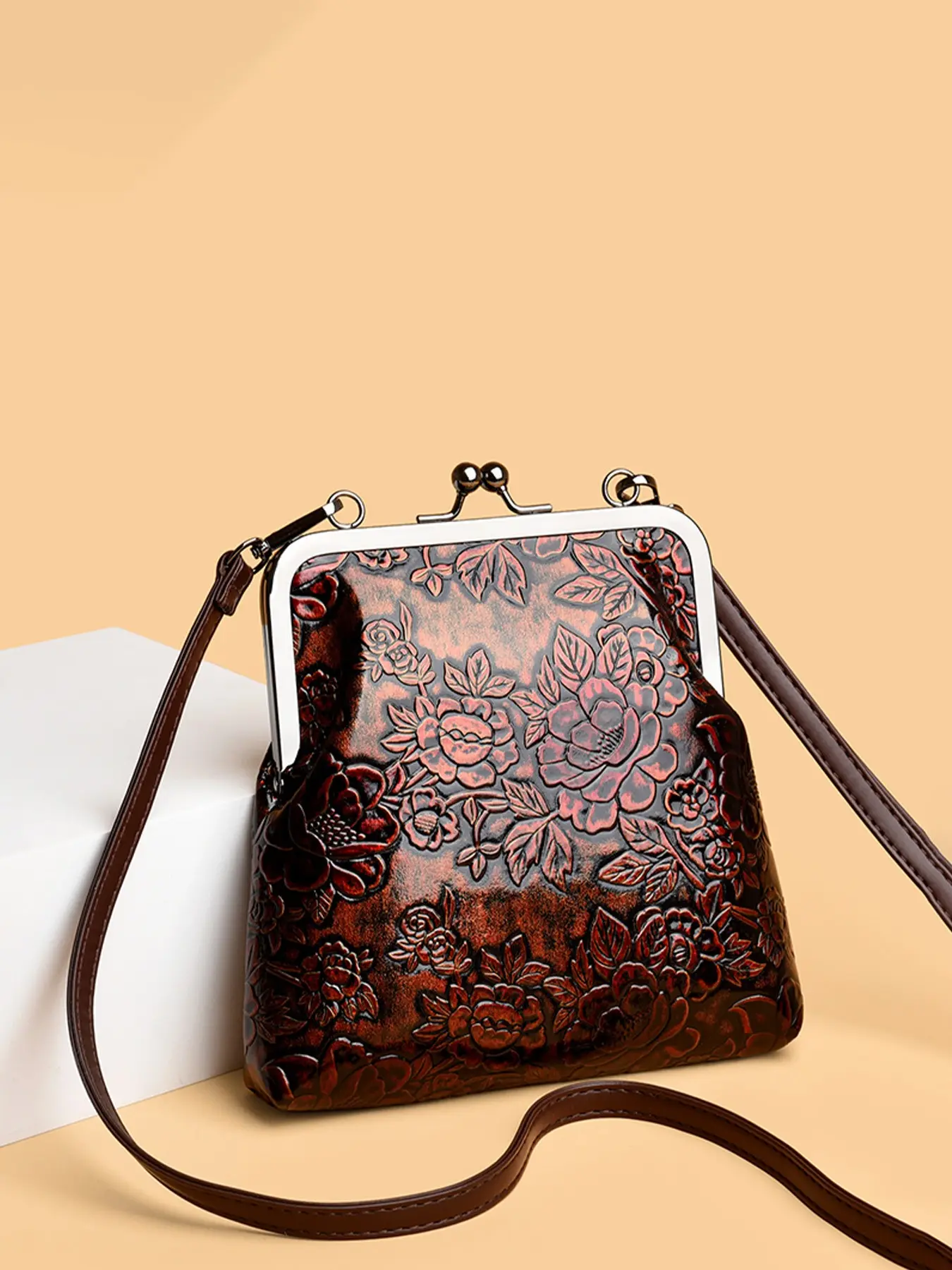 1pc Ladies' handbag with retro floral embossed adjustable shoulder strap, suitable for banquets, tea parties, dates, gifts, daily carry on bags, Fashion Purses, designed for elegant ladies as a classic, Vintage Purse
