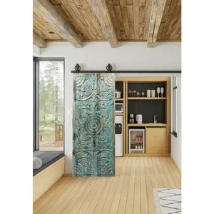 Artistic Carved Door Blue Accents Lotus Barn Door Vintage Doors 80x36