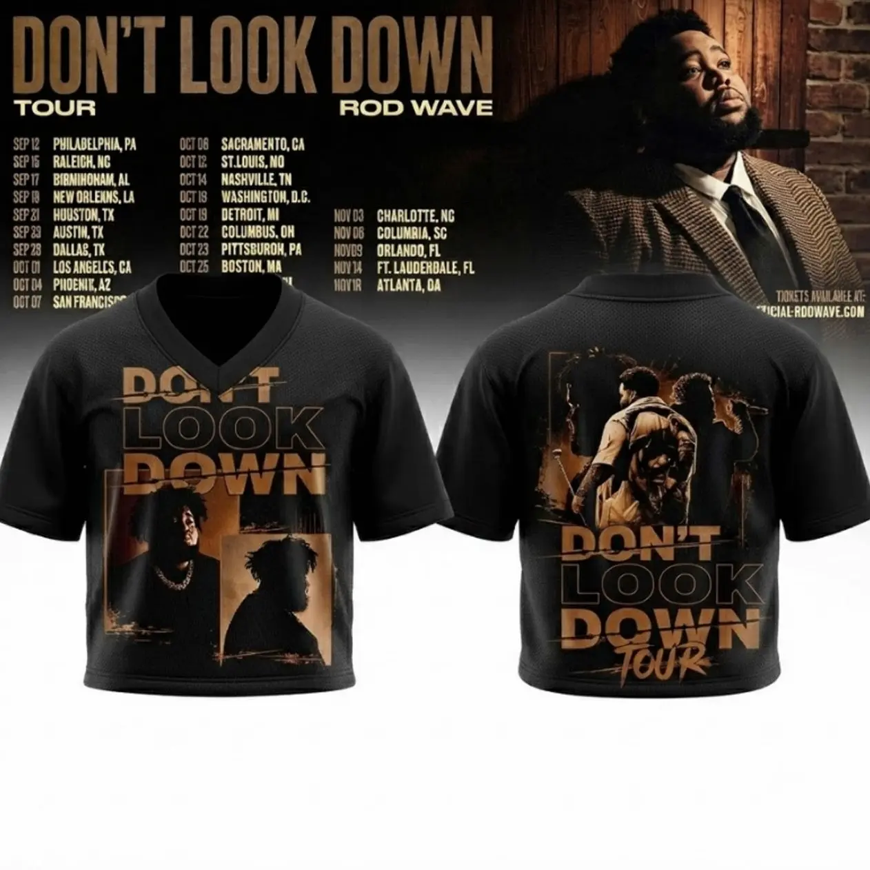 Rod Wave Don't Look Down Tour 2026 Women's Crop Top Baseball Jersey - Button Up, Mesh Fabric, Sublimated Print, Sizes XS-5XL, Sporty Chic Tour Merch, Football Fashion Watch Party Fan Gift