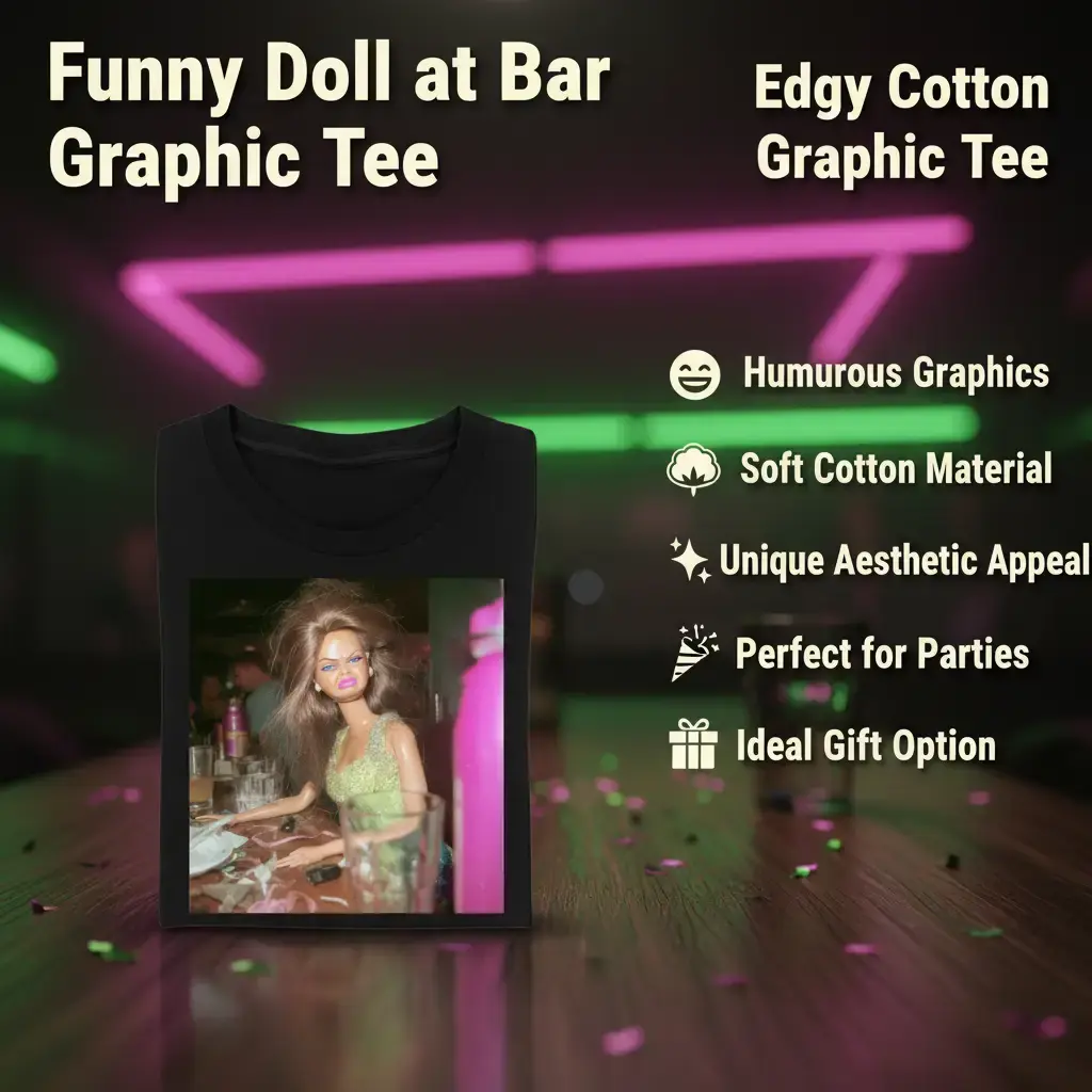 Sarcastic Messy Hair Aesthetic Top,Graphic Tee Cotton Gift Tee,Graphic Shirts Funny Edgy Doll At The Bar T-Shirt, Trashy Party Doll Graphic Tee, Trendy Meme, Social Anxiety Streetwear, Soft Cotton Menswear Man Tshirt