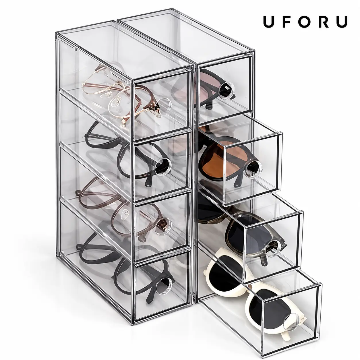 UFORU Durable Lightweight Minimalist Divided Organizer Storage Box - Integrated 4-Compartment Drawer, Dustproof Anti-Scratch Glass Compartment Storage Boxes for Home Vanity Desk
