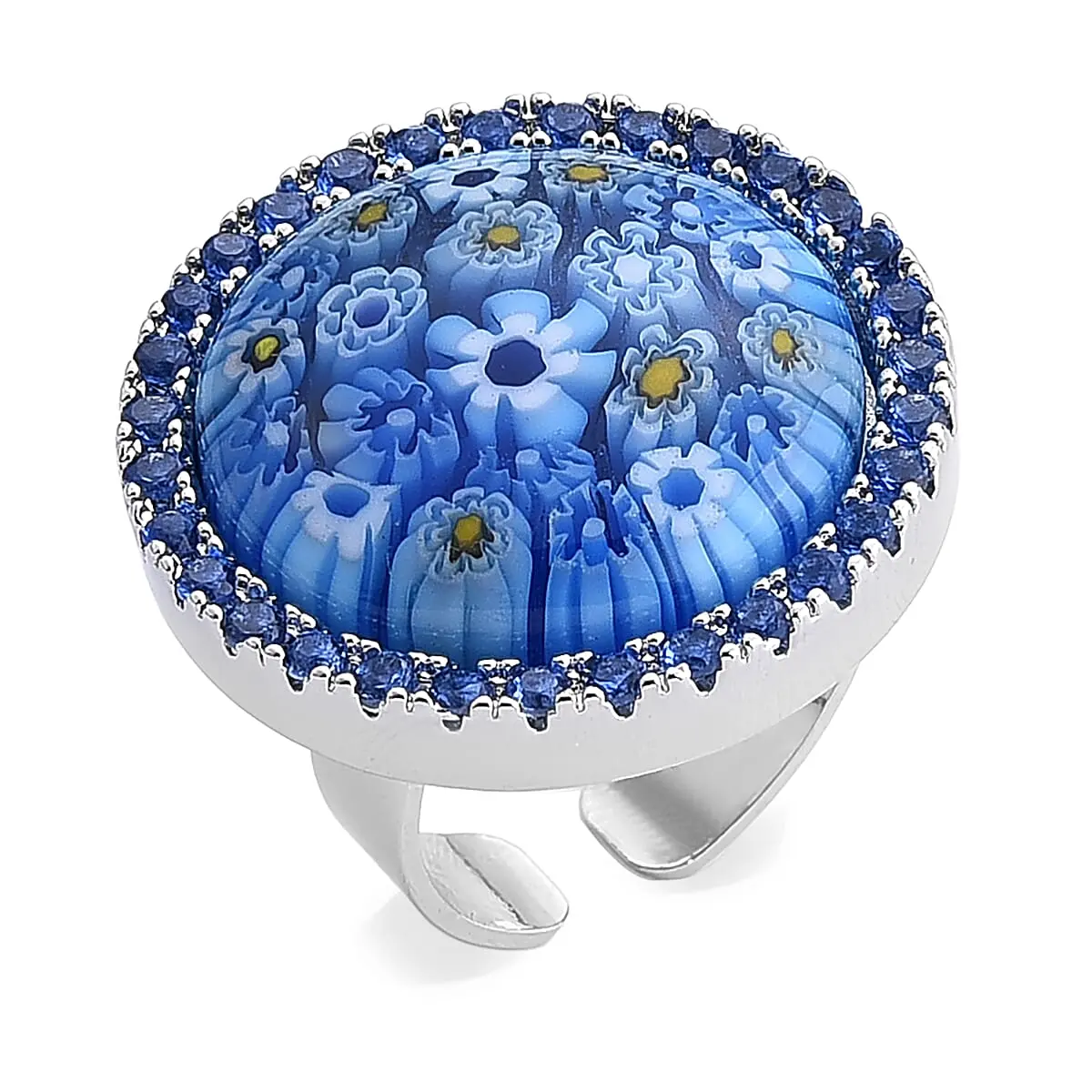 Blue Color Murano Style and Simulated Blue Diamond Ring in ION Plated YG (6.00-10.00)
