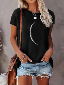 Womens Moon Print T Shirt Trendy Casual Round Neck Tee for Women Short Sleeve Soft Fabric Gildan 5000 Top Aesthetic Streetwear Summer Outfit Daily Wear Shirt for Teen Girls and Young Women Minimalist Celestial Style  Crewneck Fitted