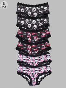 Morvia 6-Pack Skull & Rose Lace Panties, Cute Goth Style Underwear, & Grunge Lingerie Set, Fitted Sexy Women's Underwear