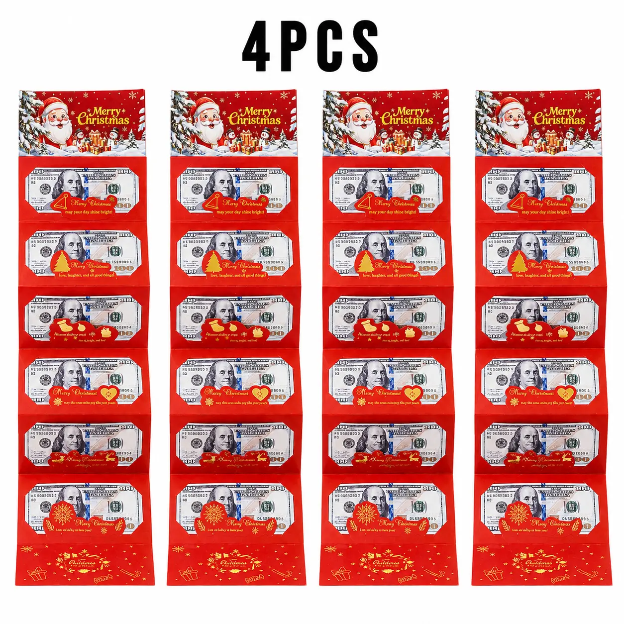1-4Pcs Christmas Money Envelope for Cash (with A Greeting Card), CreativeFolding Money Holder with 6 Slots, Luxury Paper Cash Gift Card Holder, DIY Holiday Money Gift Envelope for Christmas,Women Men Girls Boys Mom Dad