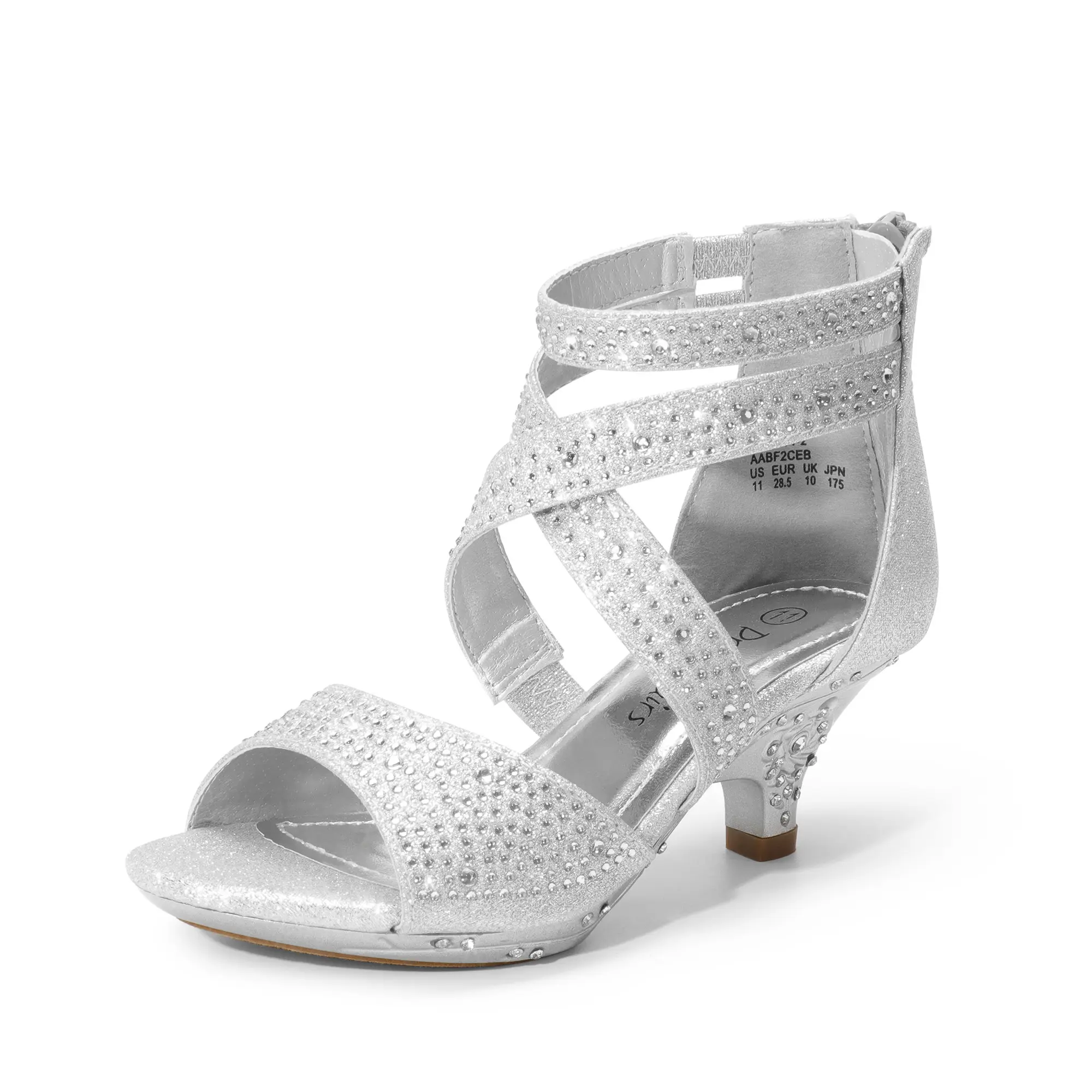 Dream Pairs Girls' Elegant Rhinestone Suede Heeled Sandals with Back Zipper, 1.5" Low Heel for Toddler Party Occasions, Fashionable Sandals, Rhinestone Aesthetic, Studs, Synthetic, 10 - 11 Years, Pearl Suede, Open Toe, 1.5 In, Strap Sandals