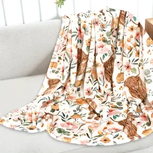 Soft & Warm Cozy Floral Highland Cow Print Flannel Throw Blanket - Machine Washable for Couch, Bed, Office, and Travel in Spring-280GSM