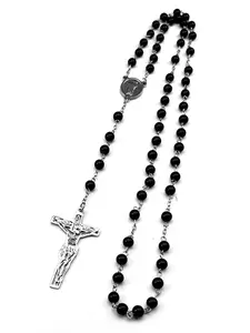 San Judas Tadeo Jesus Crucifix Cross Pendant Rosary Necklace for Men Women Stainless Steel Christian Beads Long Chain