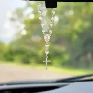 Heart Shaped Pearl Rosary Cross Car Hanging Ornament, Premium Metal Religious Car Charms Pendant for Rearview Mirror, Stylish Vehicle Interior Decoration Accessory