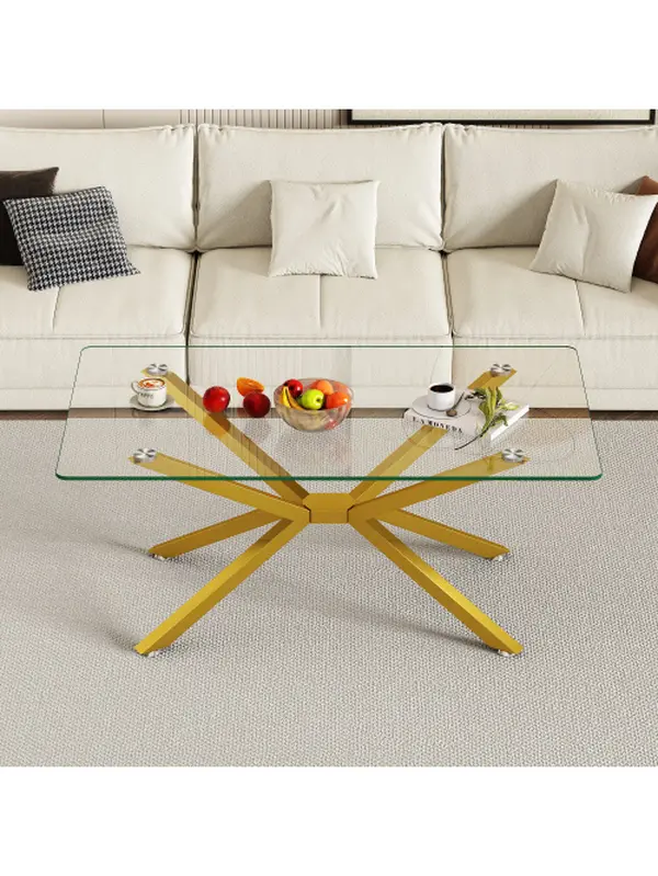 39.37-in Large Rectangular Tempered Glass Coffee Table - Sturdy Metal-Legged Indoor Furniture, Quick-Setup Living Room Surface Solution, Modern Accent Tables