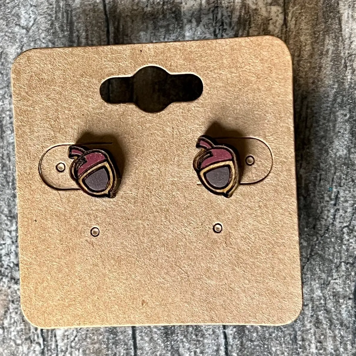Acorn Wooden Hand Painted Stud Earrings Hypoallergenic