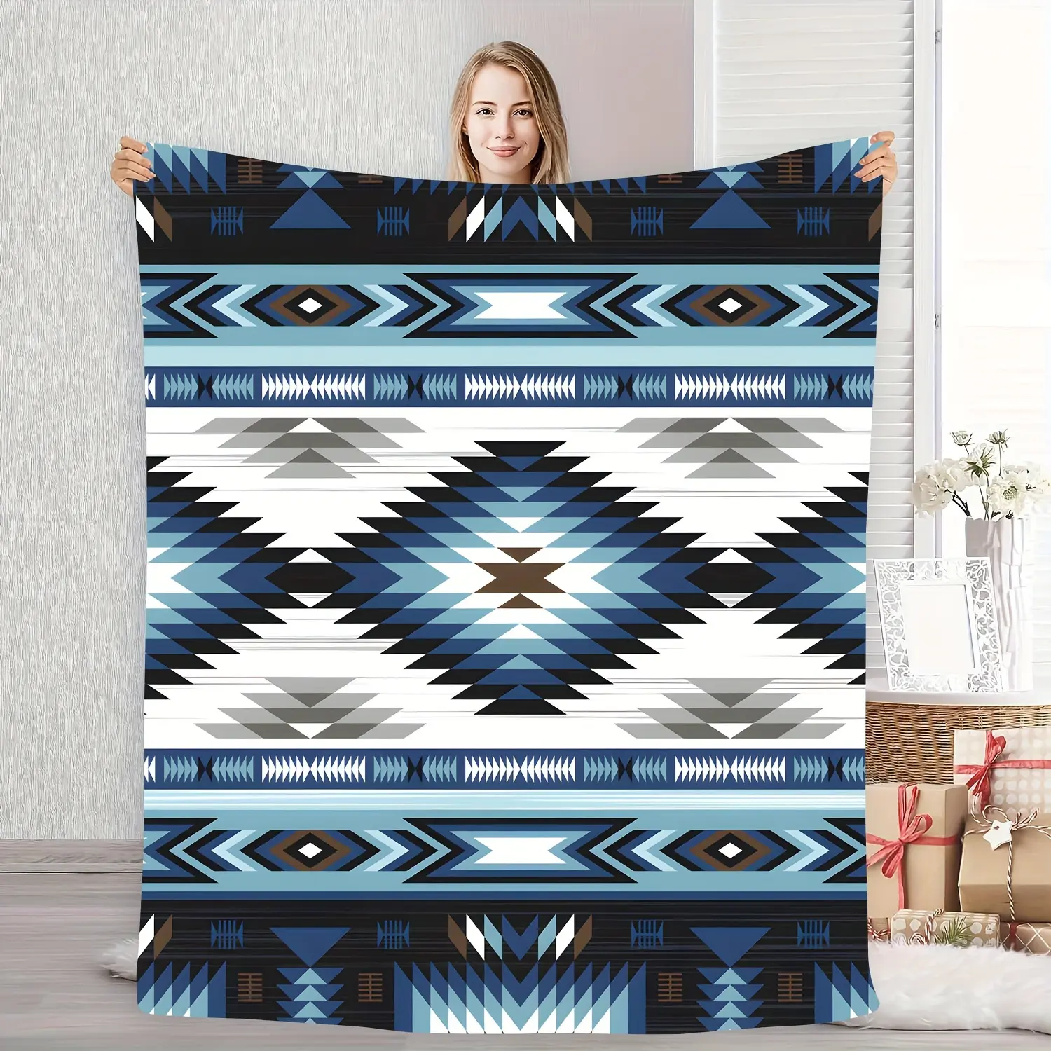 Southwestern Aztec Geometric Print Throw Blanket, Tribal Native American Inspired Cozy Blanket, Soft Fluffy Lightweight Blanket for All Seasons, Anti-Pilling Washable Decorative Blanket