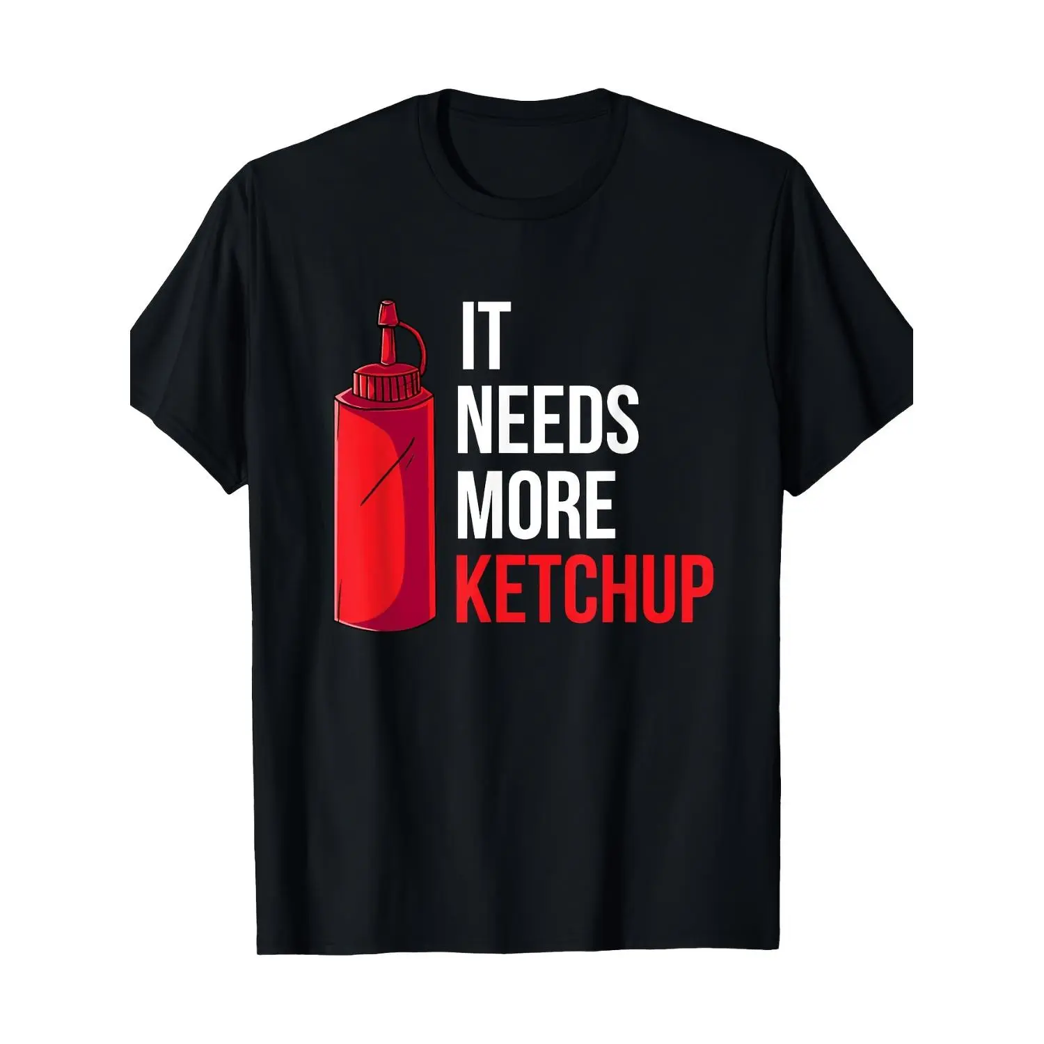 1pc Men's & Unisex Black T-Shirt with Bold "It Needs More Ketchup" Graphic & Ketchup Bottle Design - Breathable Short Sleeve, Durable Print, Regular Fit for Casual, Sports, Outdoor Activities - Funny Gift for Ketchup Lovers