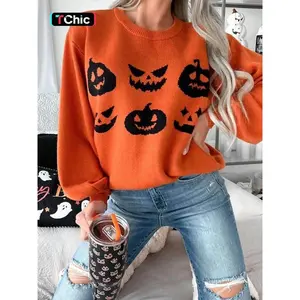 Halloween Pumpkin Ghost Pattern Sweater, Comfortable Lazy Style Round Neck Pullover, Unique Design Knit Top for Women