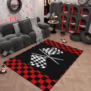 Racing Theme Checkered Car Flag Rug, Soft Comfortable Plush Foot Pad, Living Room Bedroom Carpet, Geometric Grid Decorative Mat