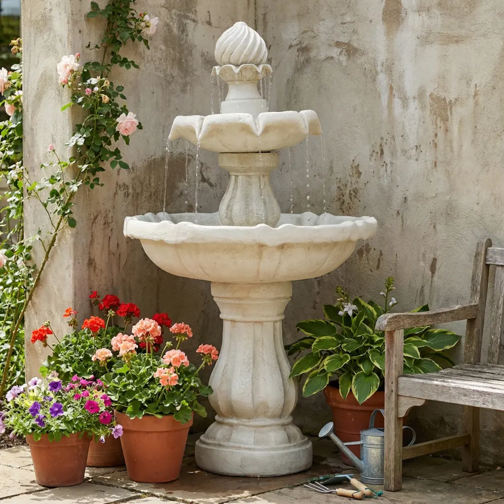 37.4"H 2-Tier White Polyresin Outdoor Water Fountain, Classic Pedestal Cascading Water Feature for Patio Garden Yard Decor summerwins