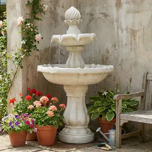 37.4"H 2-Tier White Polyresin Outdoor Water Fountain, Classic Pedestal Cascading Water Feature for Patio Garden Yard Decor