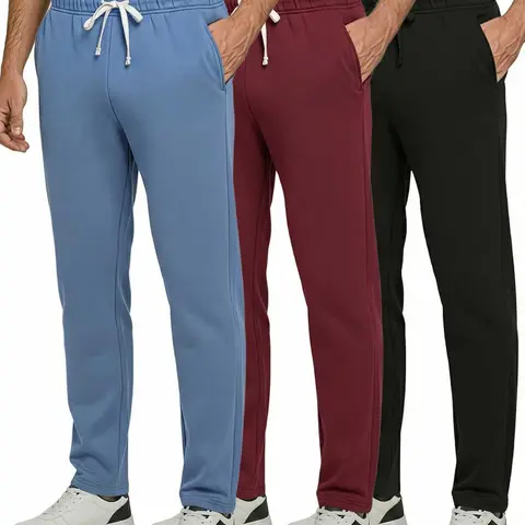 Real Essentials 3 Pack: Men's Tech Fleece Athletic Casual Open Bottom Sweatpants with Pockets (Available In Big & Tall)