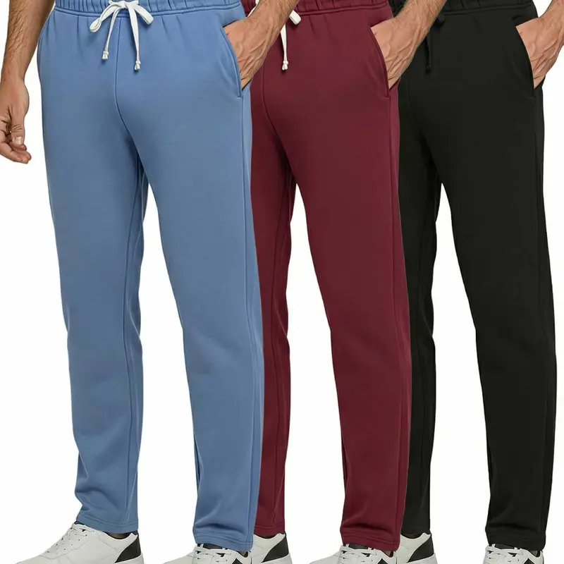 Real Essentials 3 Pack: Men's Tech Fleece Athletic Casual Open Bottom Sweatpants with Pockets (Available In Big & Tall)