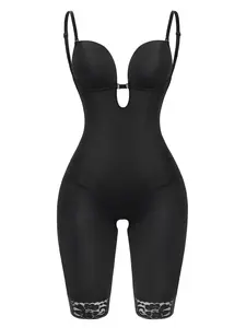 Women's Contrast Lace Cut Out Shapewear Bodysuit, Adjustable Strap Criss Cross Cami Shapewear, Tummy Control High Stretch Shapewear For Daily Wear