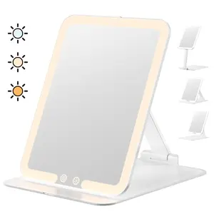 Auxmir Travel Makeup Mirror with 30X Magnification & 3 Dimmable Color Light, Foldable Rechargeable 2000mAh Lighted Travel Mirror, Portable Compact Mirror with Light, Adjustable Height & Angle, White