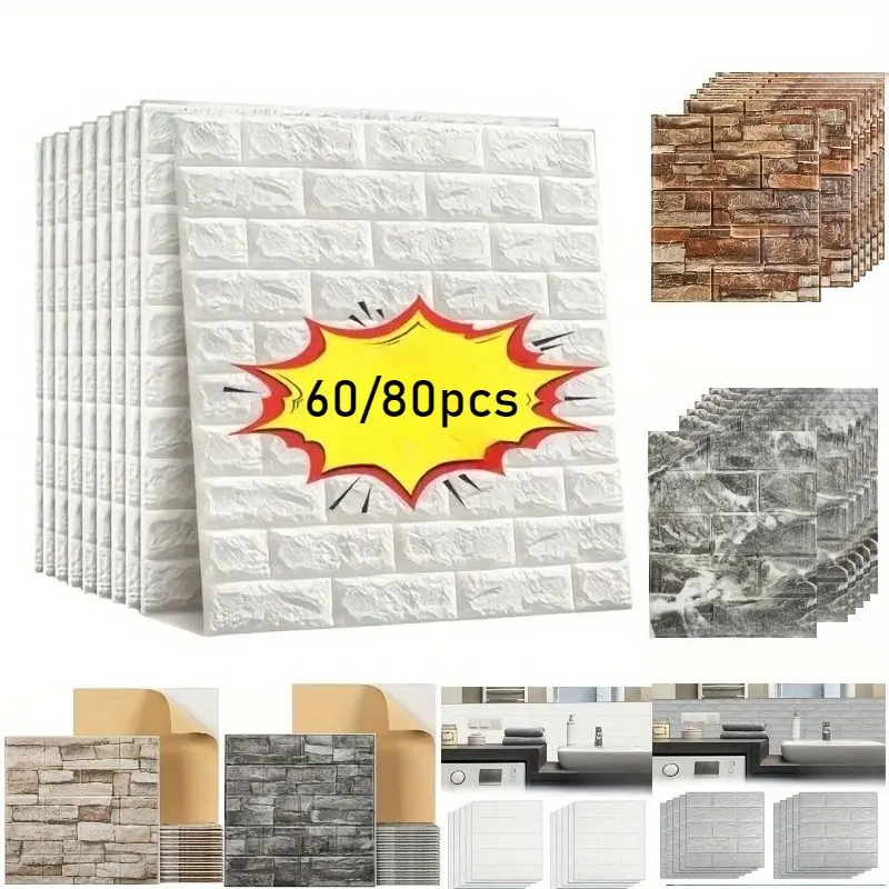 60/80pcs Classic PVC & Pe Backsplash Wall Stickers, Removable Faux Marble Tile Pattern, Waterproof, Peel-And-Stick, Kitchen, Bathroom, Home Decor