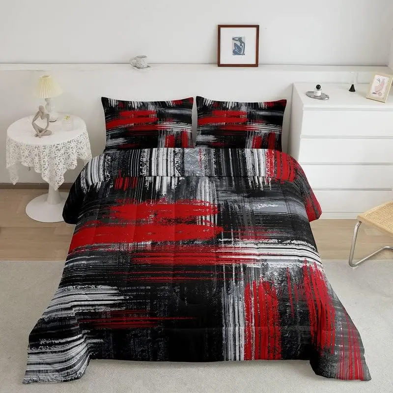 Feelyou Red, Black and Grey Geometric Artistic Smear Comforter Set - Abstract Graffiti Luxury Breathable Duvet Set, Modern Designer Decorative Bedding, Decorative Bedding Set