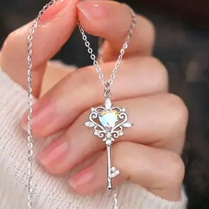 Key Necklace with Heart Opal – Cute Gift for Her, April Birthstone Jewelry, Meaningful Valentine's Day or Birthday Gift, Perfect for Daily Wear