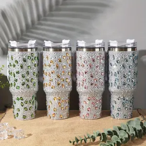 40OZ flash diamond car cup, 304 stainless steel | colorful diamond pattern | plastic handle | removable straw | Qixi Festival homecoming gift | Car fitness must-have | TK explosion