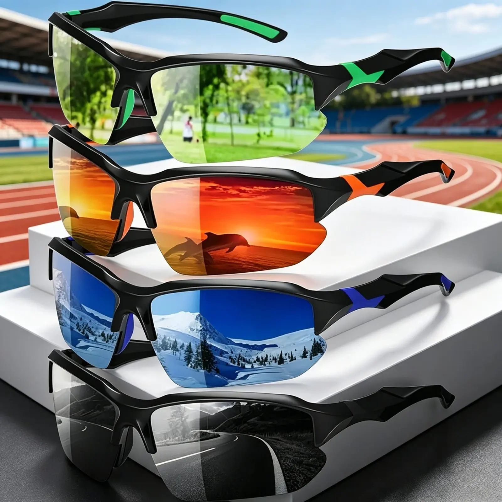 4 Pack Unisex Polarized Sports Sunglasses, UV Protection, Lightweight Half Frame & Rimless Eyewear, Trendy Outdoor Shades for Driving, Fishing, Sports & Daily Casual Wear