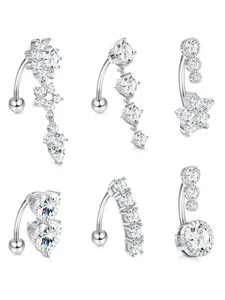 6pcs/set Rhinestone Decorated Heart-shaped Upside-down Belly Button Ring, Women Belly Piercing Body Jewelry, Elegant All-match Fashion Accessories for Daily Wear