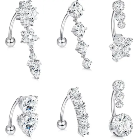 6pcs/set Rhinestone Decorated Heart-shaped Upside-down Belly Button Ring, Belly Hoops, Women Belly Piercing Body Jewelry, Navel Piercing Jewelry, Elegant All-match Fashion Accessories for Daily Wear, Body Jewellery