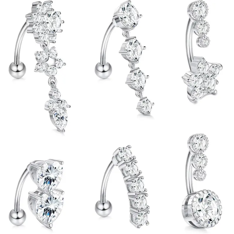 6pcs/set Rhinestone Decorated Heart-shaped Upside-down Belly Button Ring, Belly Hoops, Women Belly Piercing Body Jewelry, Navel Piercing Jewelry, Elegant All-match Fashion Accessories for Daily Wear, Body Jewellery