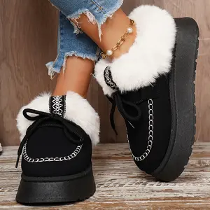 Women's Winter Fuzzy Mule Slippers Chunky Platform Mini Snow Boots Warm Plush Lined Slip-On Indoor Outdoor Shoes