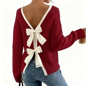 Women fall Autumn Winter Sweater Bow Backless Vneck Loose Knit Top Elegant Casual Fashion Apparel Long Sleeve Knitwear Womenswear Apricot Bottoms christmas sweaters for women