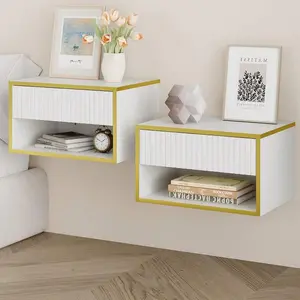 Gold Nightstand Set Of 2, Modern Bedside  With Drawers And Open Shelf, Floating Design, Small Side  For Bedroom, Black/ White Mirrored Console Table Inlay Marble Dining Mobile Standing Desk Wheels
