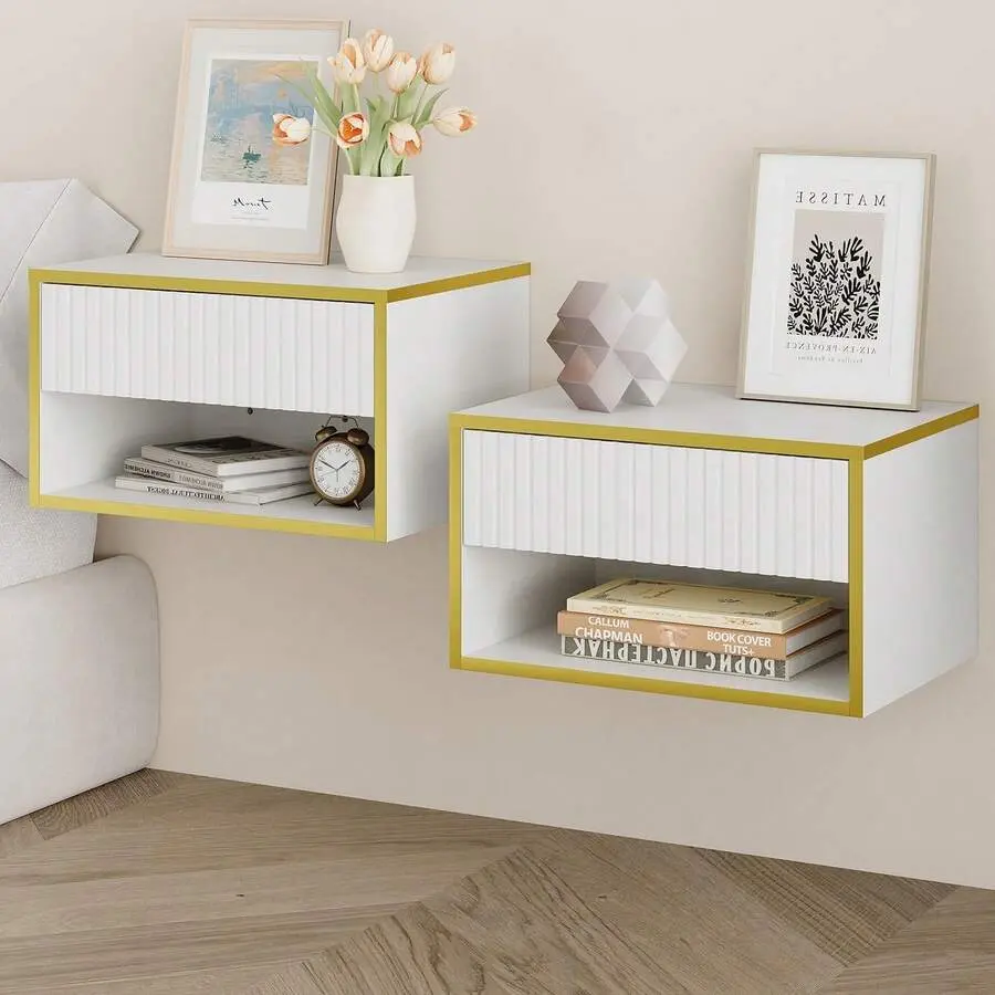 Minimalist Gold Nightstand Set of 2, Modern Floating Bedroom Side Tables with Fluted Drawers and Open Shelf, Small Indoor Furniture with Simple Setup
