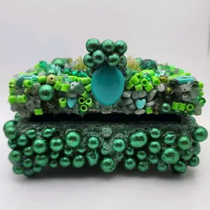 Handmade Green Beaded Trinket Box Gem-Inspired Jewelry Box Unique Boho Gift Glittery Keepsake Storage Whimsical Decor with Sparkling Green Beads and Gemstone Accent Glam Style. Products are also available on Etsy: https://bintysmilez.etsy.com