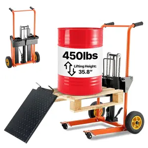Father's Day Gift VEVOR Hydraulic Material Lift, Foldable Winch Stacker 450 lbs 35.8’’ Max Lifting Height with 9’’ Thick Rubber Wheels, 2 Swivel Front Wheels, Removable Steel Platform Board, Adjustable Forks